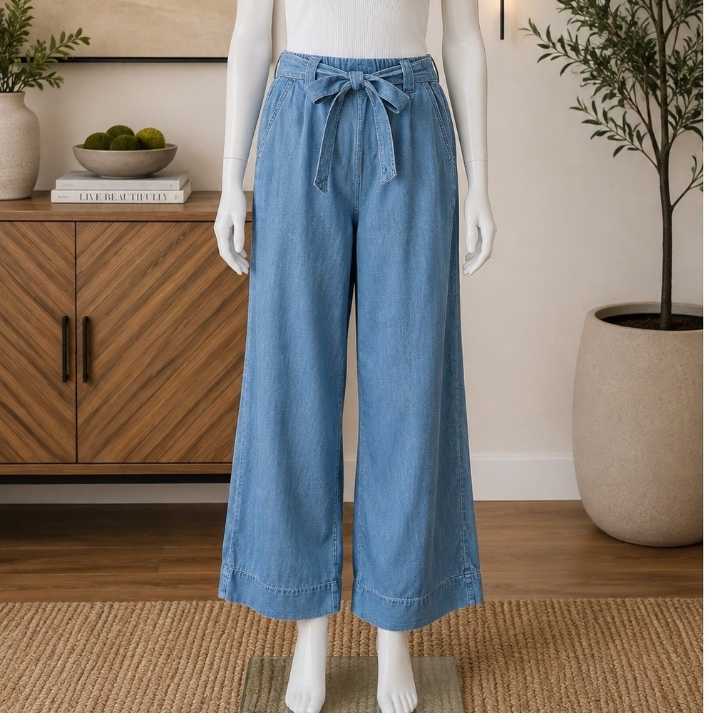 New Look Womens Wide Leg Pants Blue Chambray Elastic Waist Tie Belt Size 4